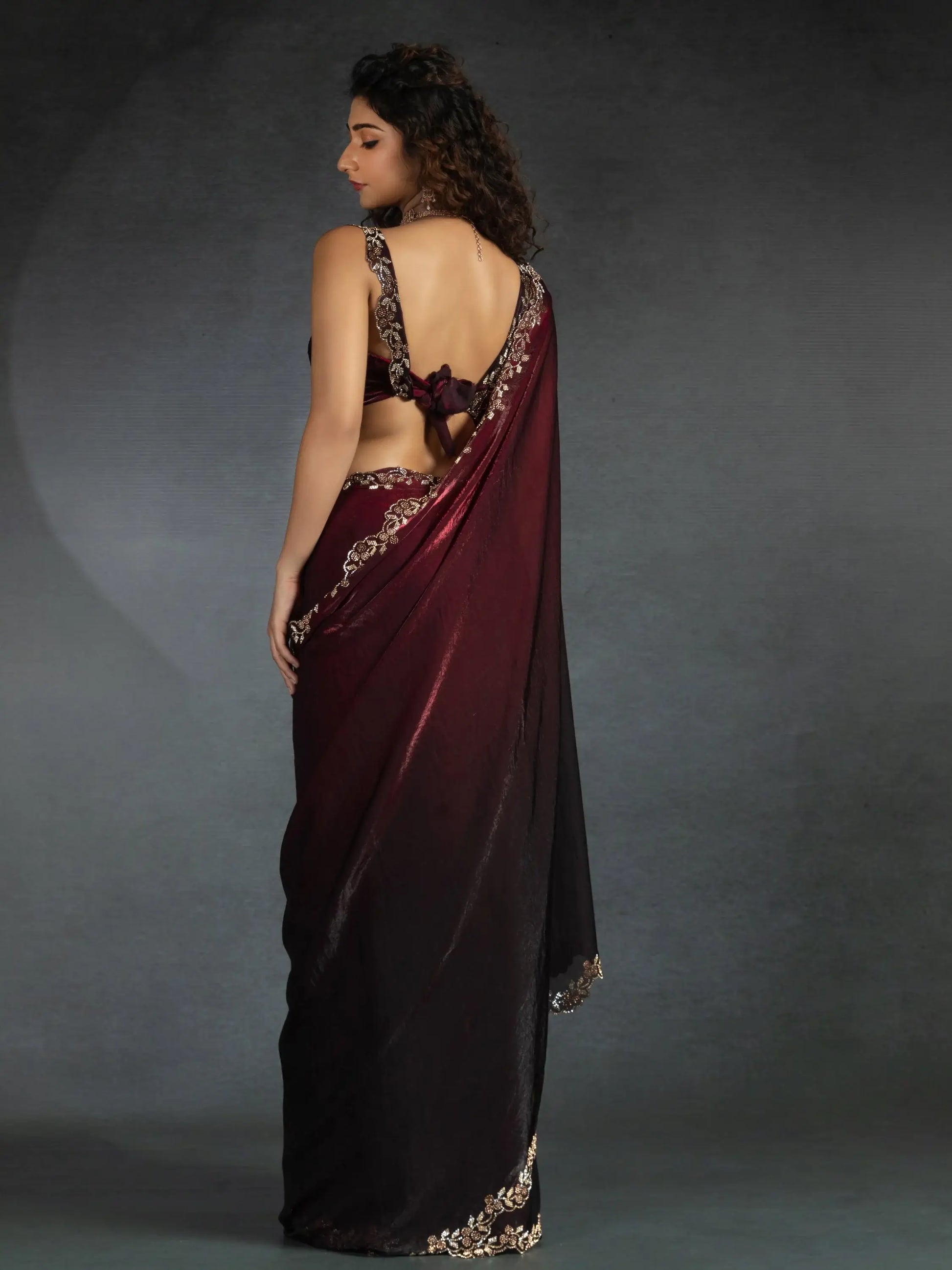 Gorgeous Maroon Diamond Work Satin Designer Saree With Blouse - Zeel Clothing