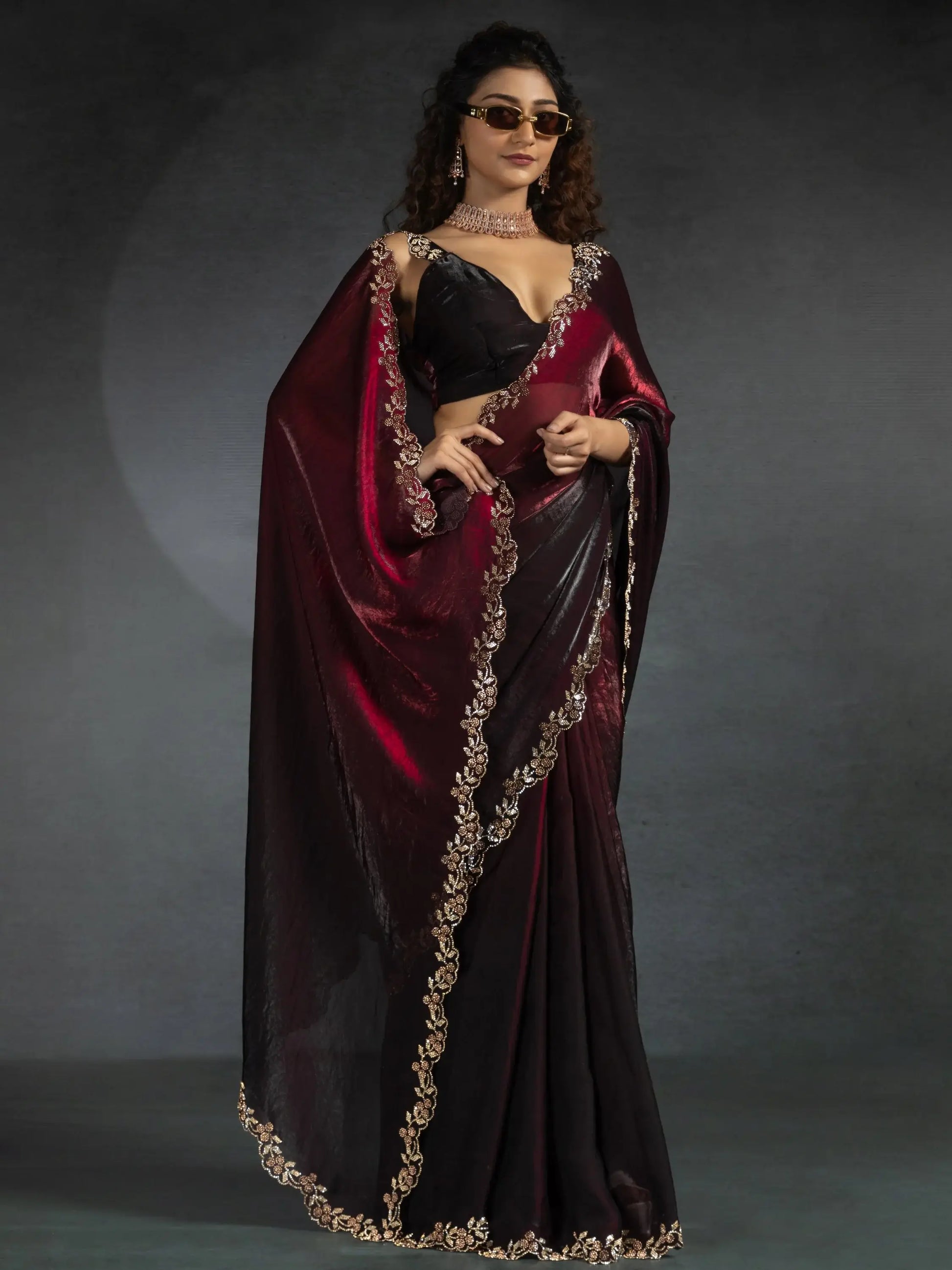 Gorgeous Maroon Diamond Work Satin Designer Saree With Blouse - Zeel Clothing