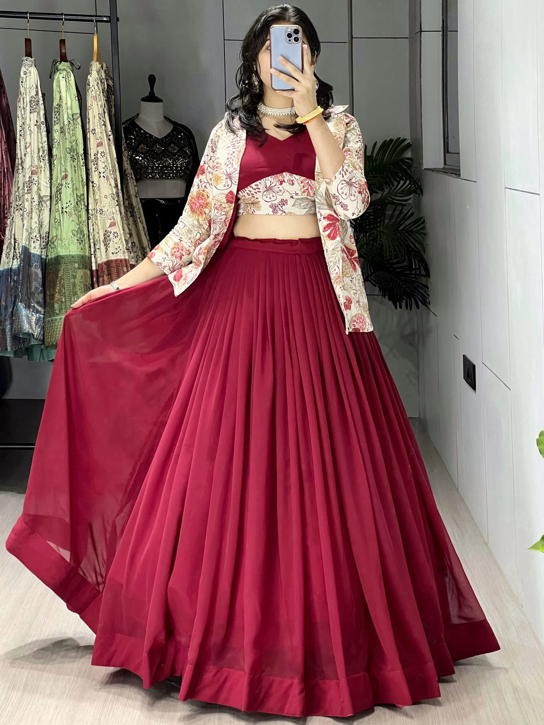 Gorgeous Maroon Georgette Wedding Wear Lehenga Choli With Printed Jacket