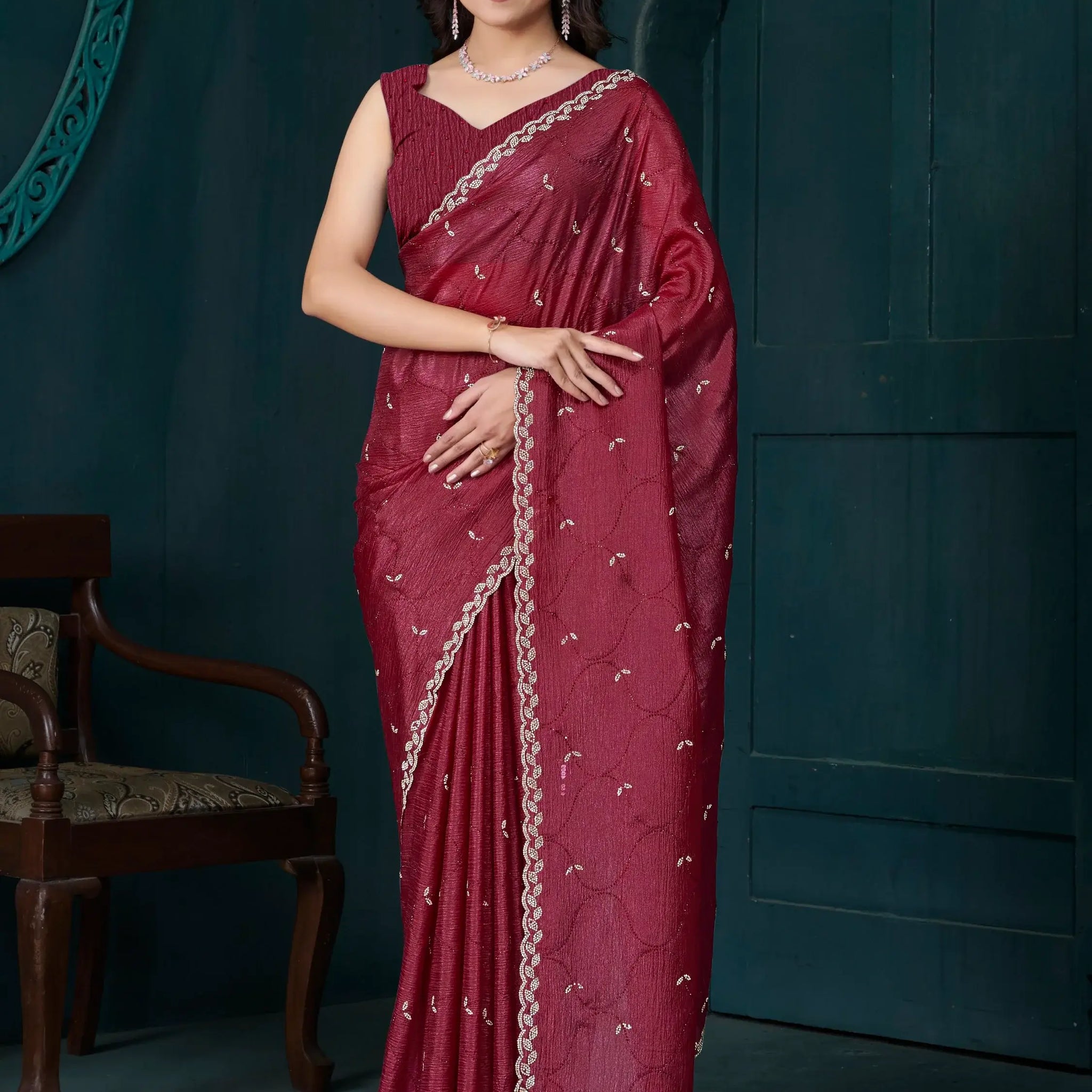Gorgeous Maroon Hand Work Crepe Silk Wedding Wear Saree - Zeel Clothing