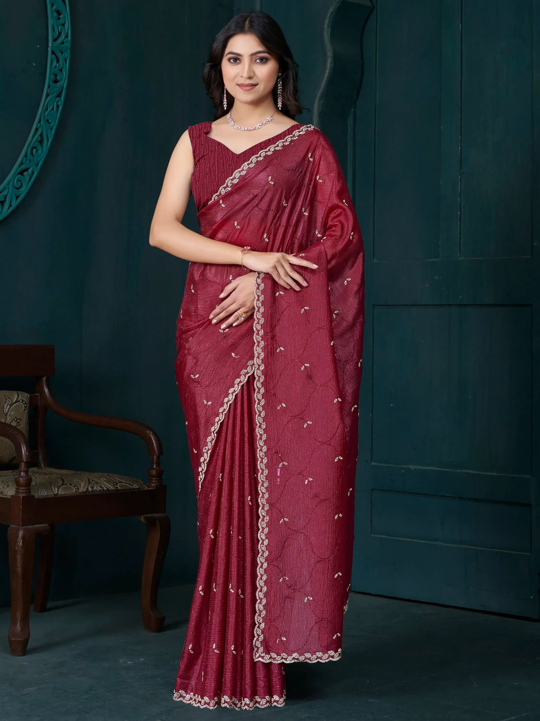 Gorgeous Maroon Hand Work Crepe Silk Wedding Wear Saree - Zeel Clothing