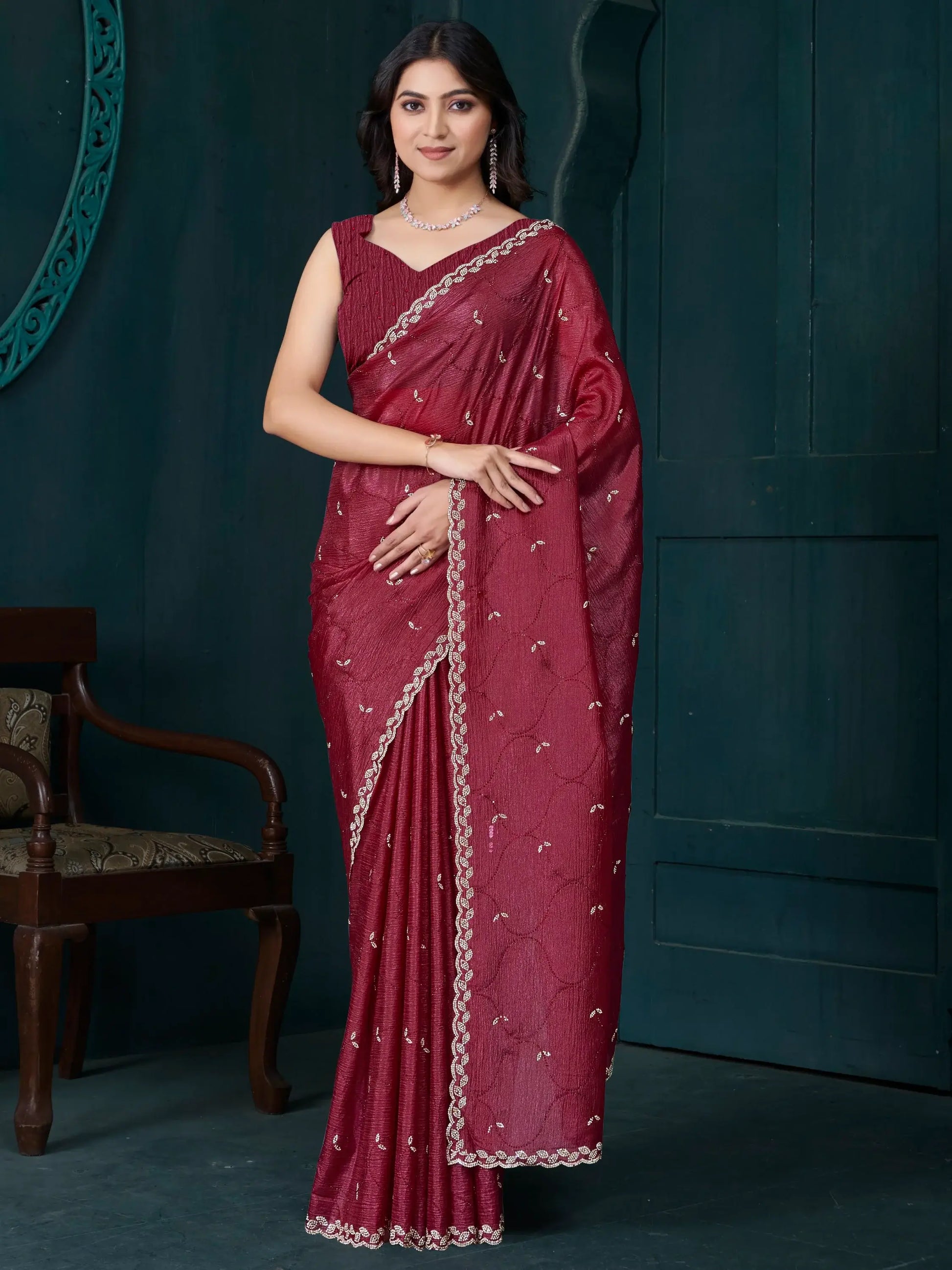 Gorgeous Maroon Hand Work Crepe Silk Wedding Wear Saree - Zeel Clothing