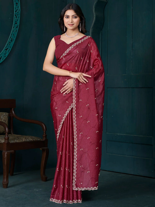 Gorgeous Maroon Hand Work Crepe Silk Wedding Wear Saree - Zeel Clothing
