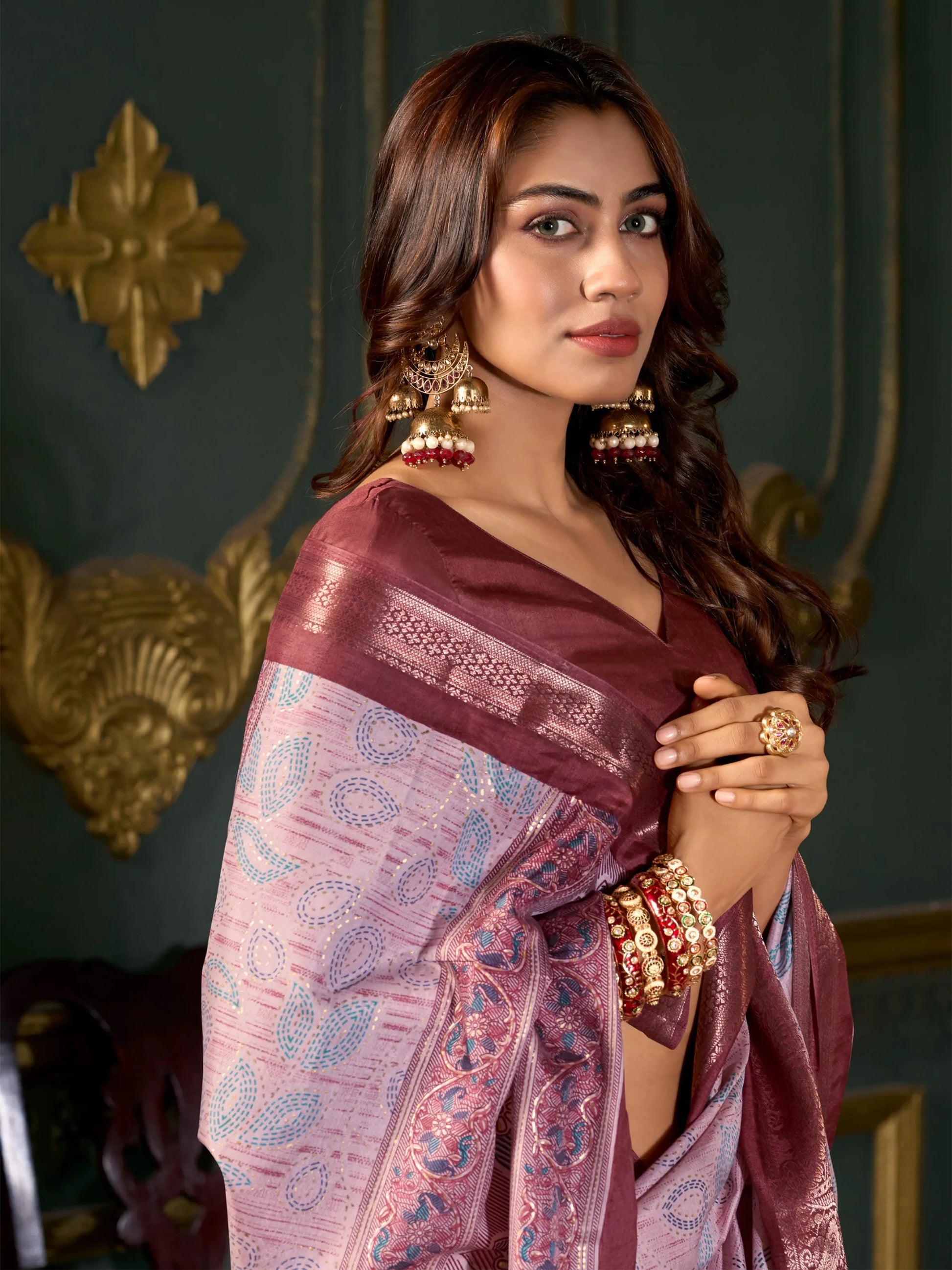 Gorgeous Maroon Printed Dola Silk Festival Wear Saree With Blouse - Zeel Clothing