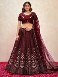 Gorgeous Maroon Thread Embroidered Net Wedding Wear Lehenga Choli With Dupatta - Zeel Clothing