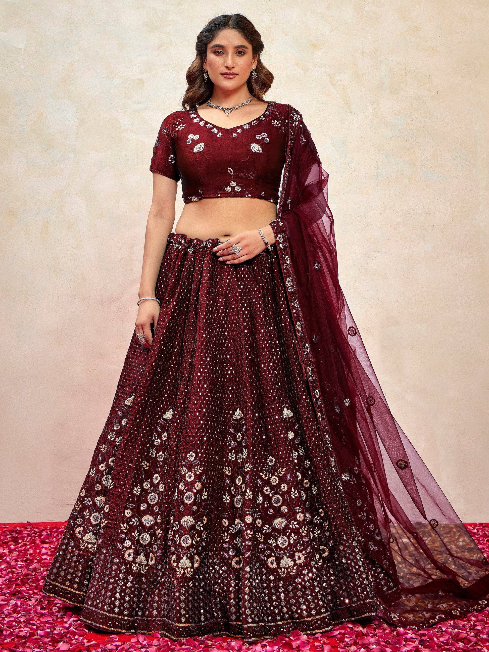 Gorgeous Maroon Thread Embroidered Net Wedding Wear Lehenga Choli With Dupatta - Zeel Clothing
