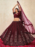 Gorgeous Maroon Thread Embroidered Net Wedding Wear Lehenga Choli With Dupatta - Zeel Clothing