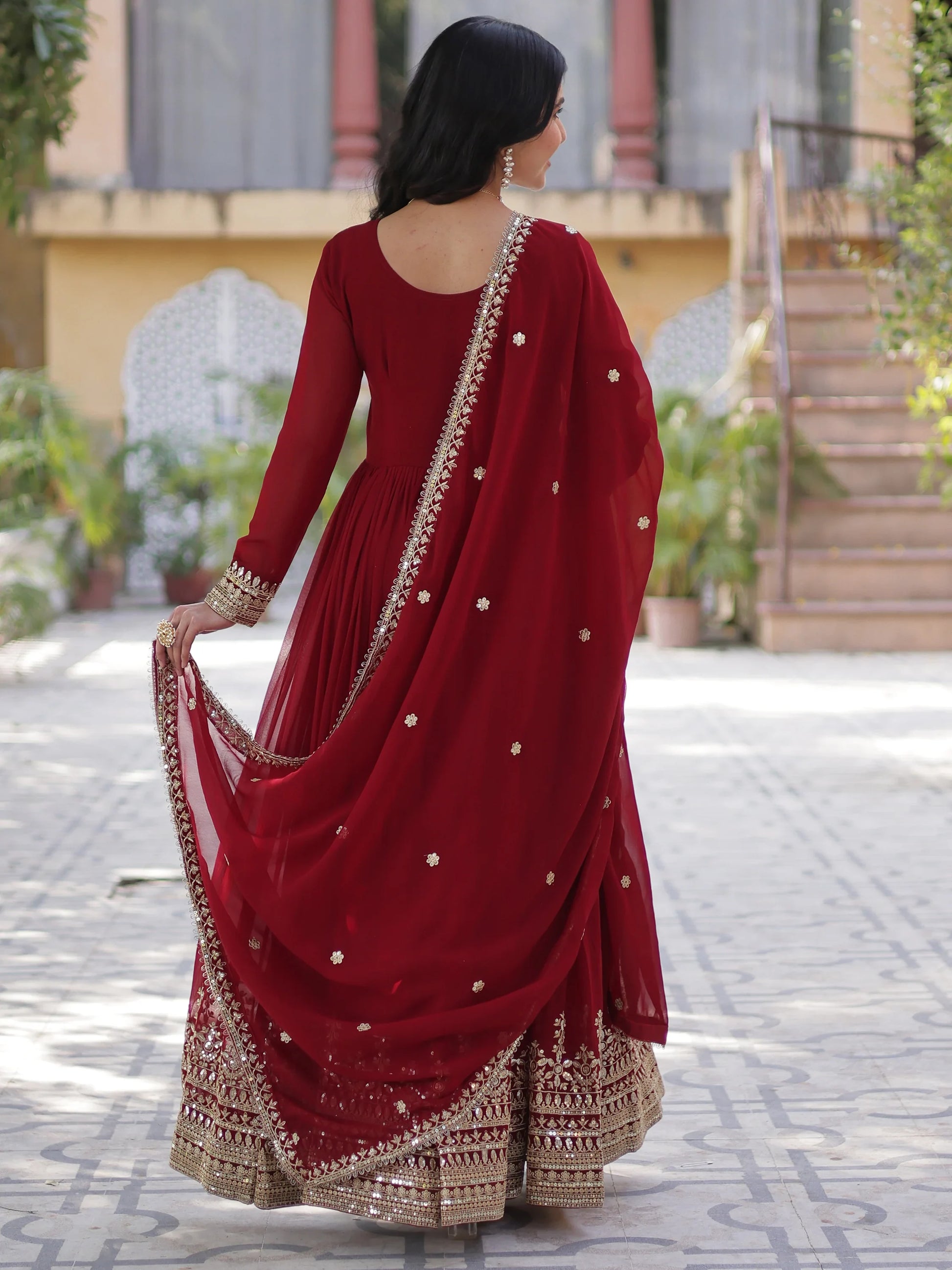 Gorgeous Maroon Zari Embroidered Georgette Wedding Wear Gown - Zeel Clothing