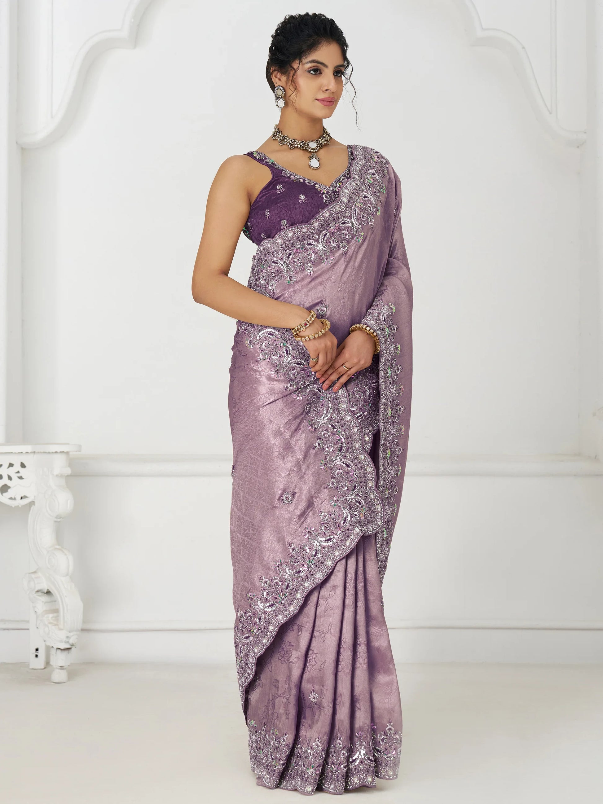 Gorgeous Mauve Dola Silk Beads Work Engagement Wear Saree - Zeel Clothing