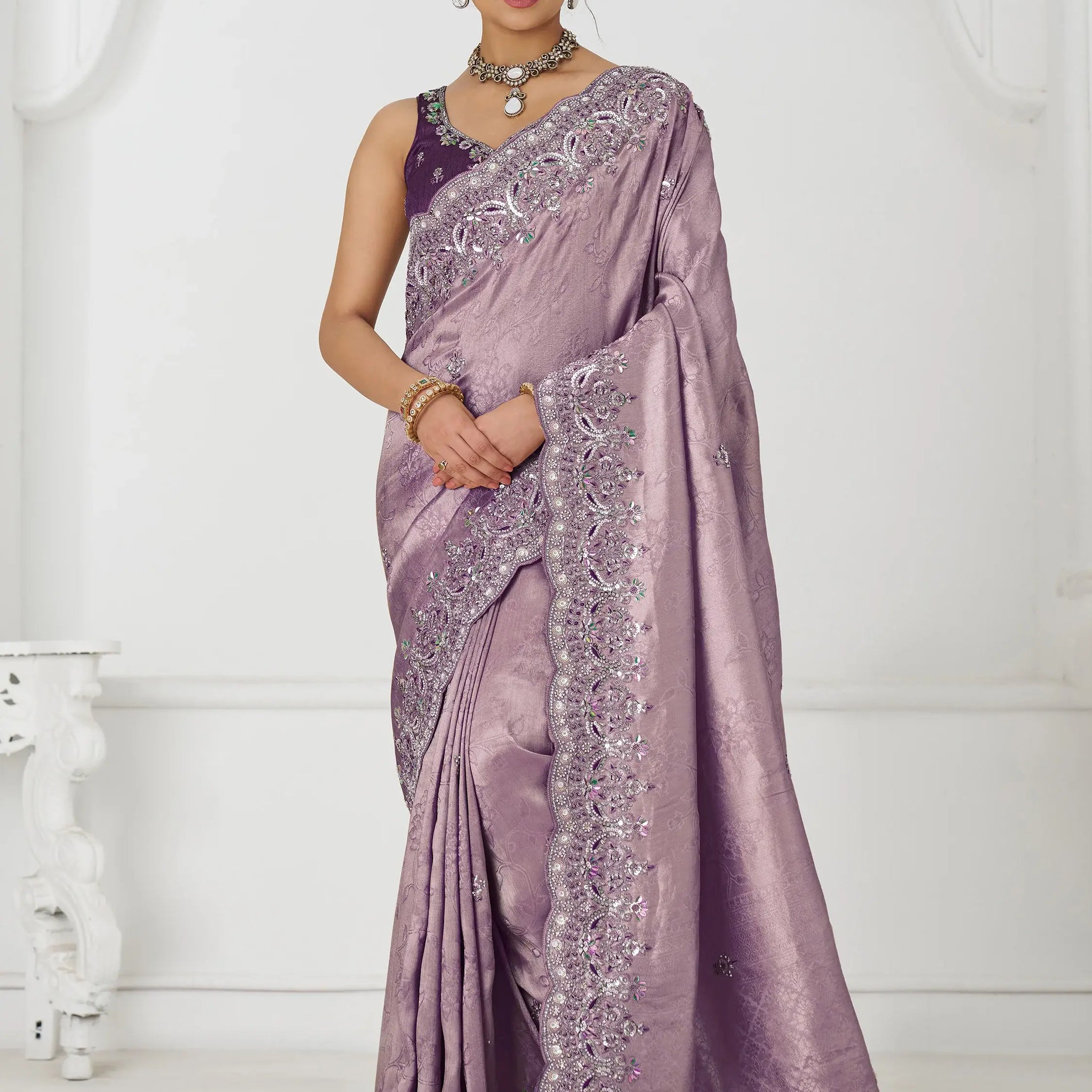 Gorgeous Mauve Dola Silk Beads Work Engagement Wear Saree - Zeel Clothing