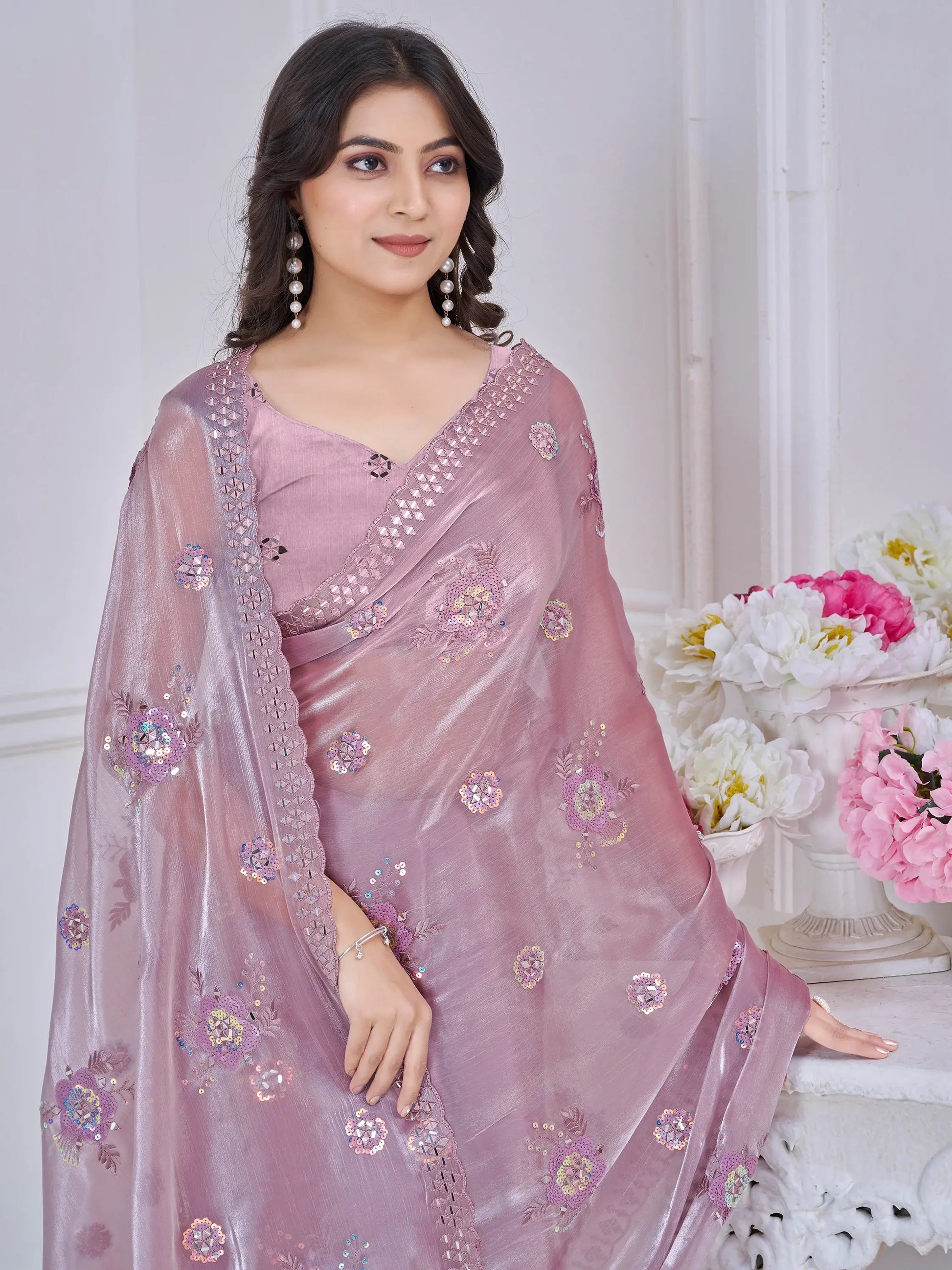Gorgeous Mauve Floral Embroidered Organza Silk Saree With Blouse - Zeel Clothing