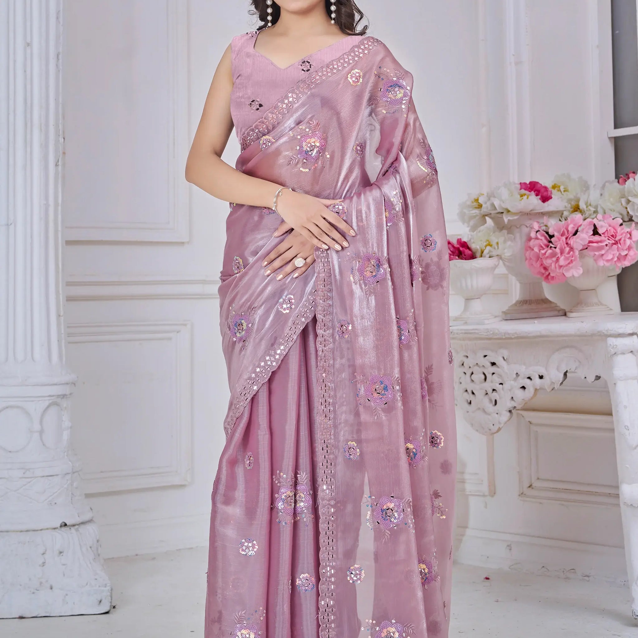Gorgeous Mauve Floral Embroidered Organza Silk Saree With Blouse - Zeel Clothing