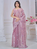 Gorgeous Mauve Floral Embroidered Organza Silk Saree With Blouse - Zeel Clothing