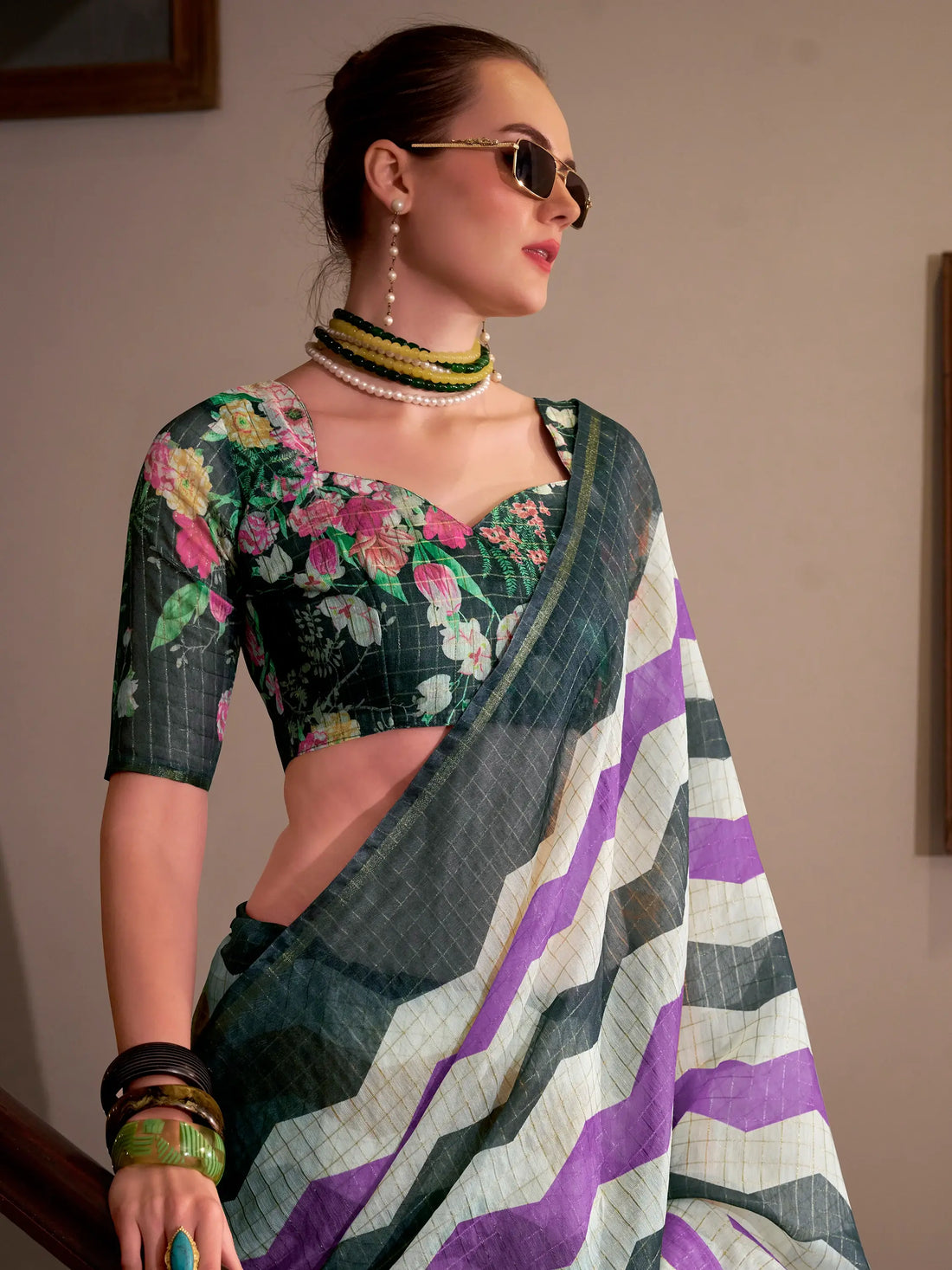 Gorgeous Multi-Color Floral Printed Cotton Traditional Saree With Blouse - Zeel Clothing