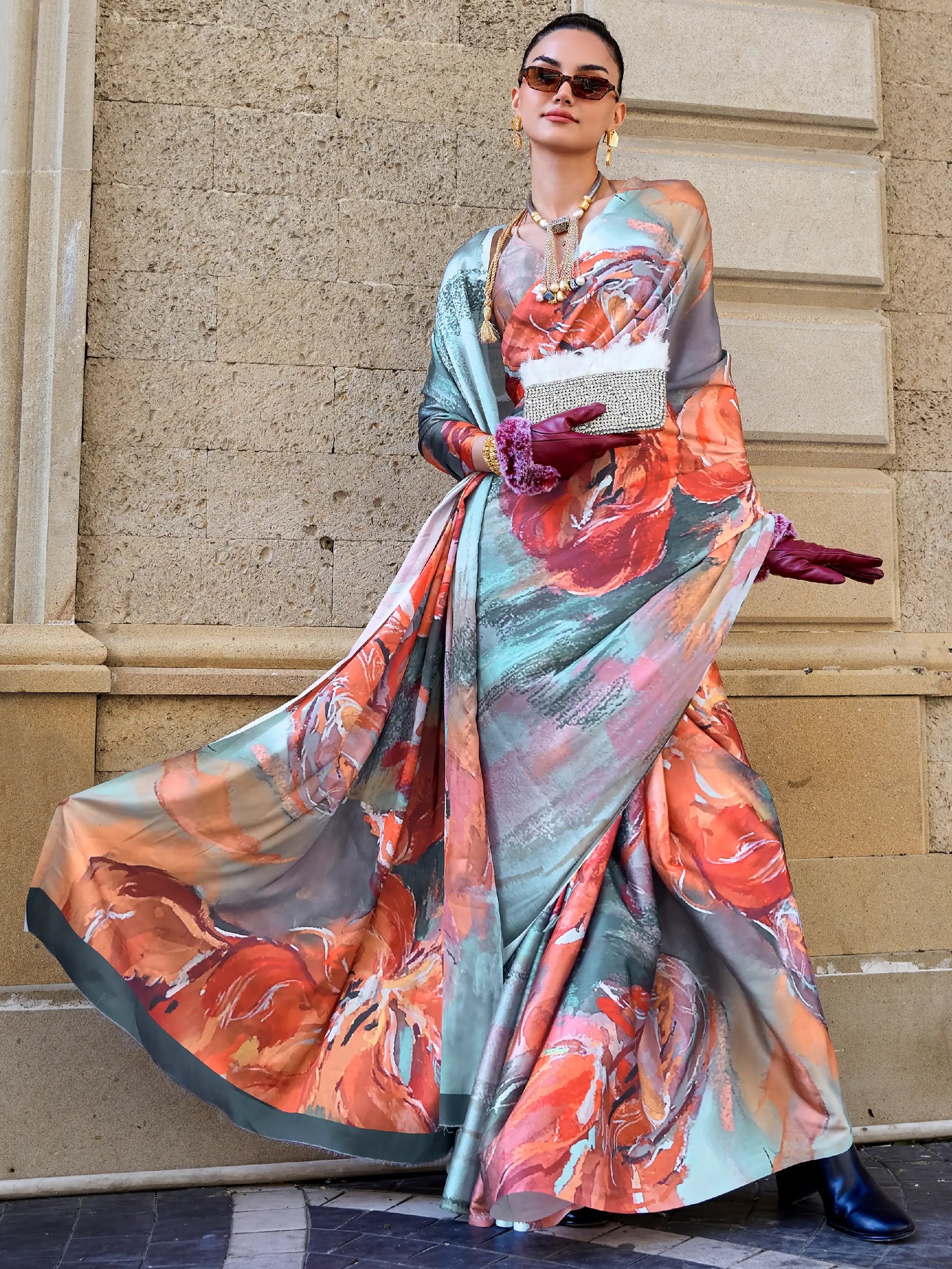 Gorgeous Multicolor Digital Printed Satin Saree With Blouse - Zeel Clothing