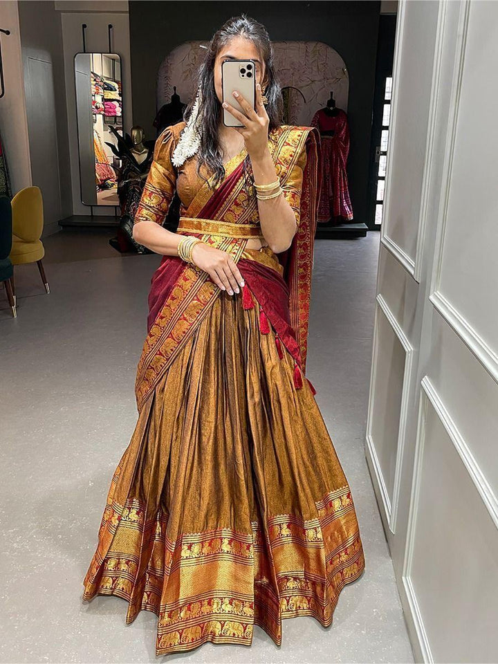 Gorgeous Mustard Zari Cotton Half Saree Lehenga With Belt