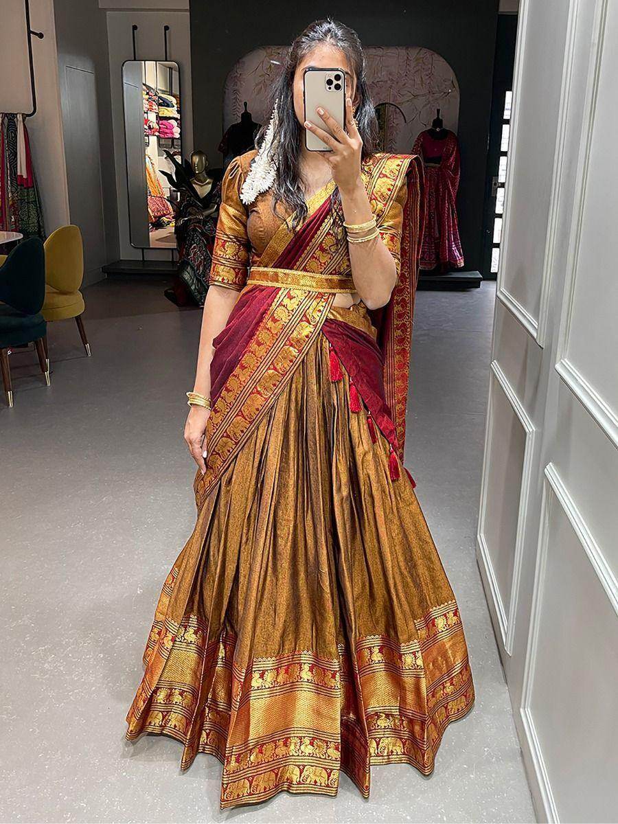 Gorgeous Mustard Zari Cotton Half Saree Lehenga With Belt - Zeel Clothing