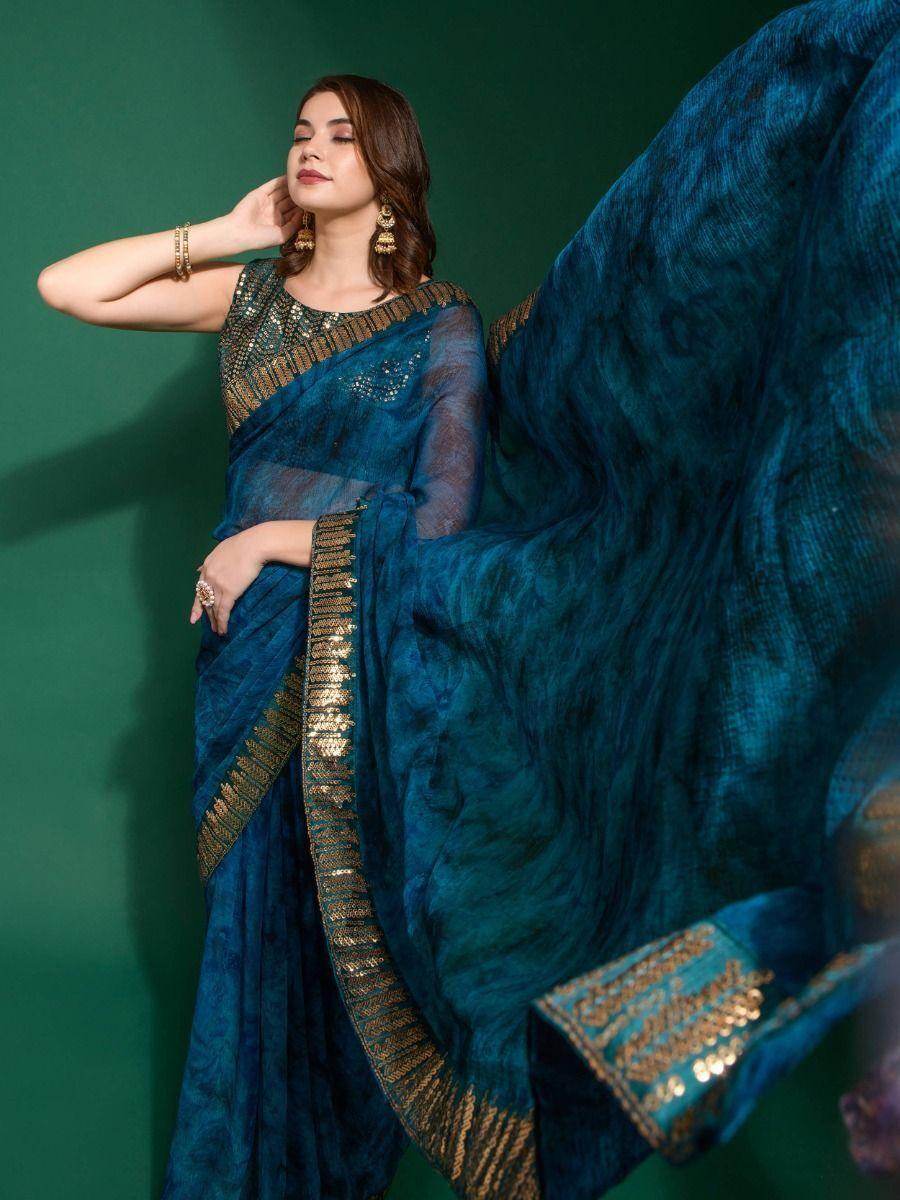 Gorgeous Navy Blue Digital Printed Chiffon Festival Wear Saree - Zeel Clothing