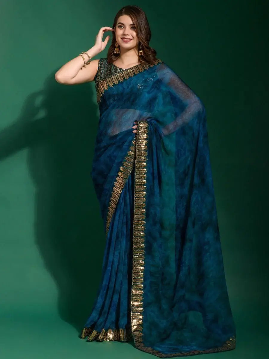 Gorgeous Navy Blue Digital Printed Chiffon Festival Wear Saree - Zeel Clothing
