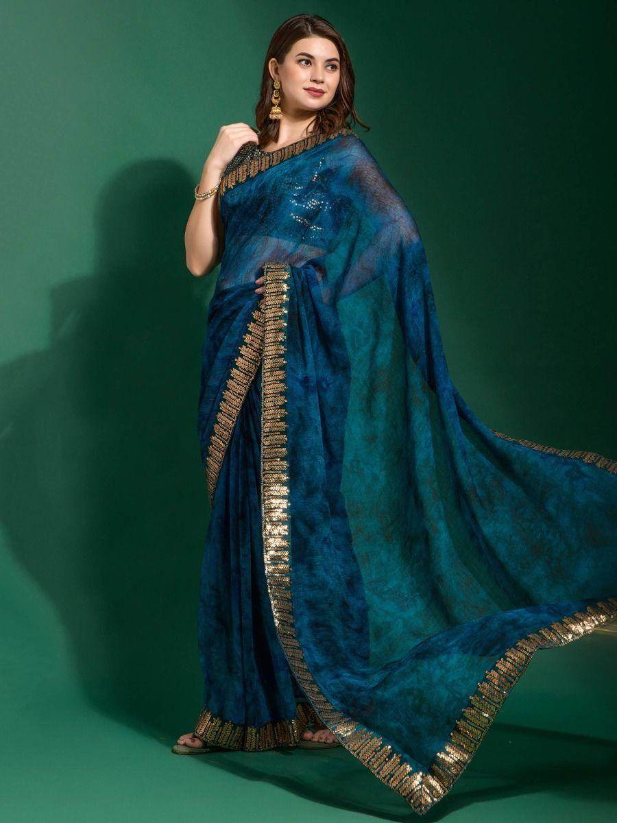 Gorgeous Navy Blue Digital Printed Chiffon Festival Wear Saree - Zeel Clothing