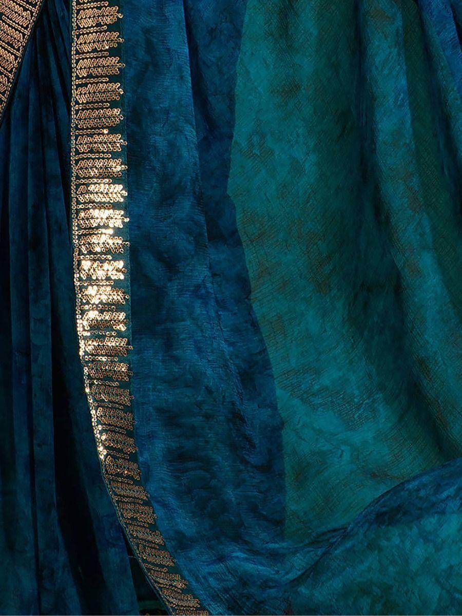 Gorgeous Navy Blue Digital Printed Chiffon Festival Wear Saree - Zeel Clothing
