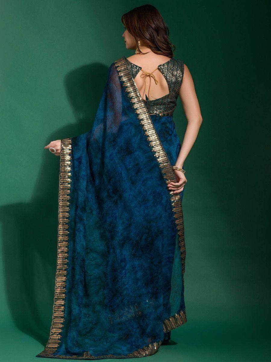 Gorgeous Navy Blue Digital Printed Chiffon Festival Wear Saree - Zeel Clothing