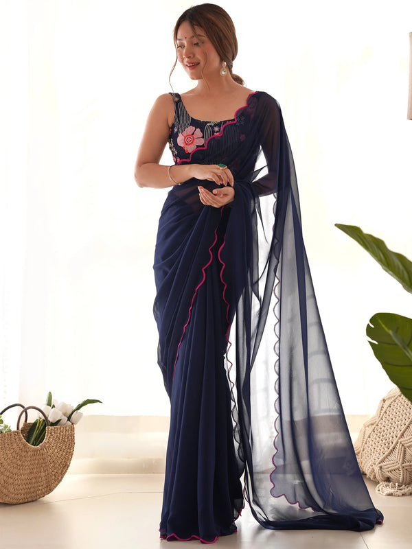 Gorgeous Navy Blue Lace Work Georgette Party Wear Saree With Blouse - Zeel Clothing