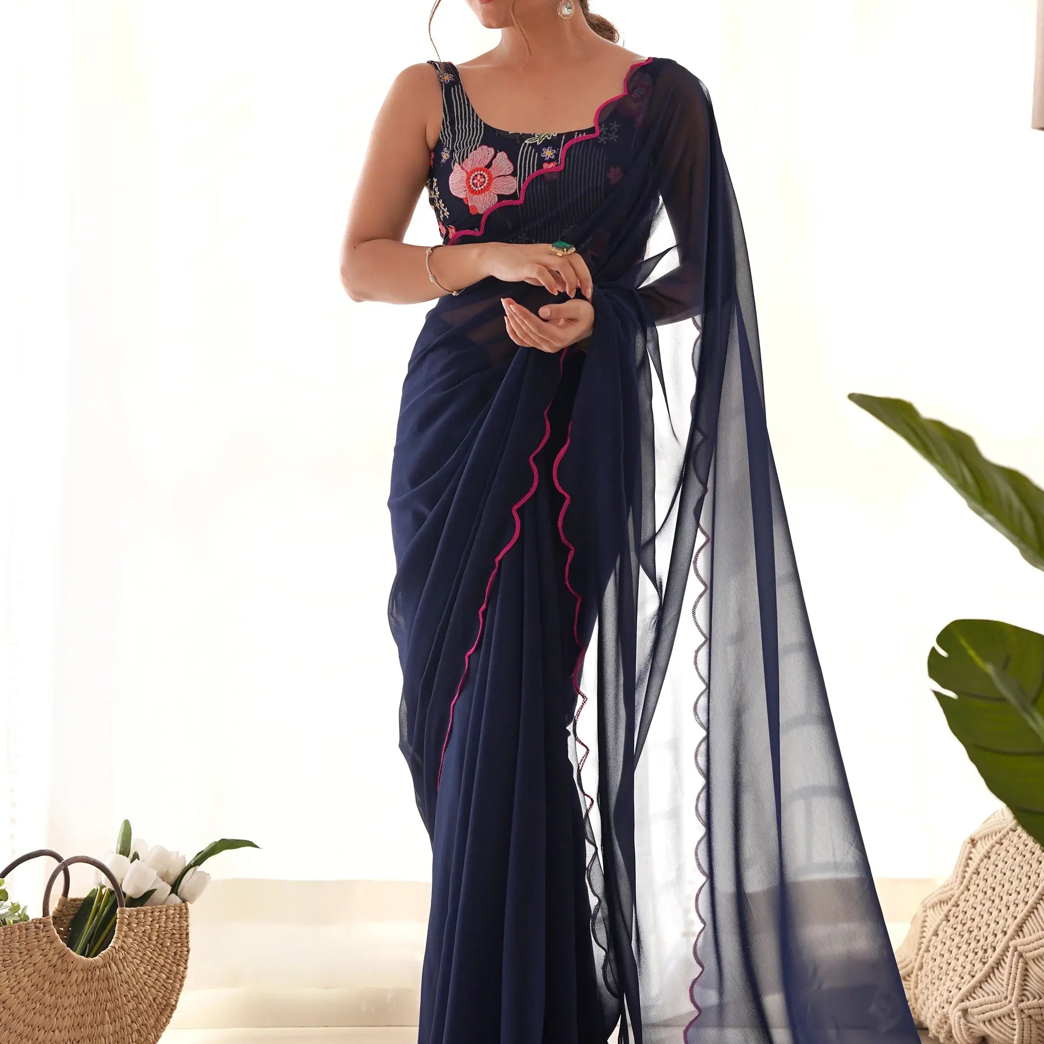 Gorgeous Navy Blue Lace Work Georgette Party Wear Saree With Blouse - Zeel Clothing
