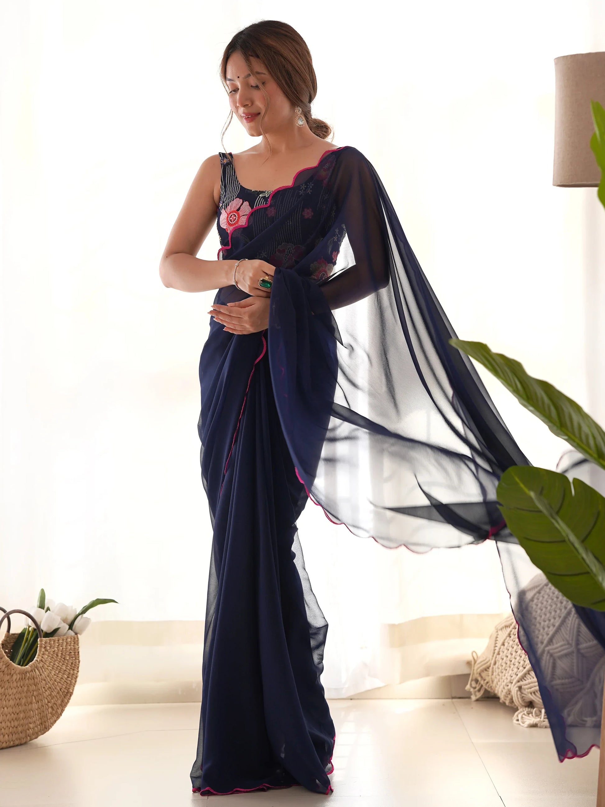 Gorgeous Navy Blue Lace Work Georgette Party Wear Saree With Blouse - Zeel Clothing