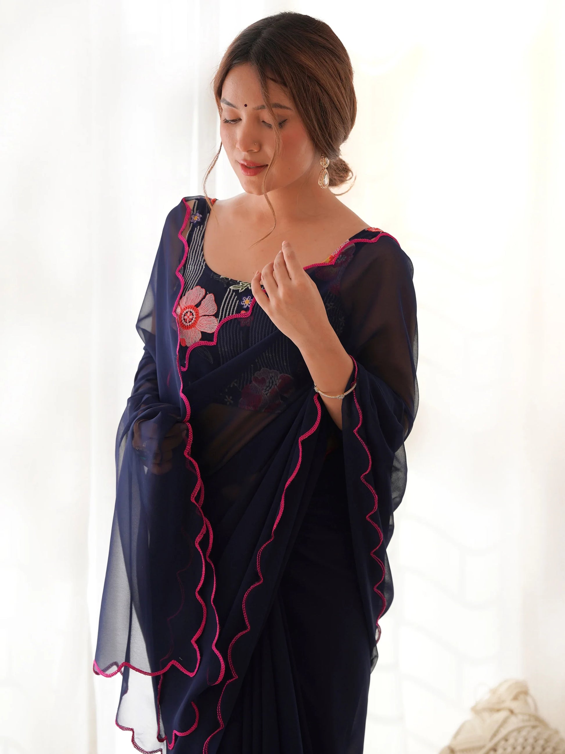 Gorgeous Navy Blue Lace Work Georgette Party Wear Saree With Blouse - Zeel Clothing