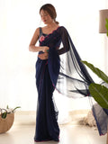 Gorgeous Navy Blue Lace Work Georgette Party Wear Saree With Blouse - Zeel Clothing
