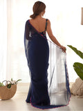 Gorgeous Navy Blue Lace Work Georgette Party Wear Saree With Blouse - Zeel Clothing