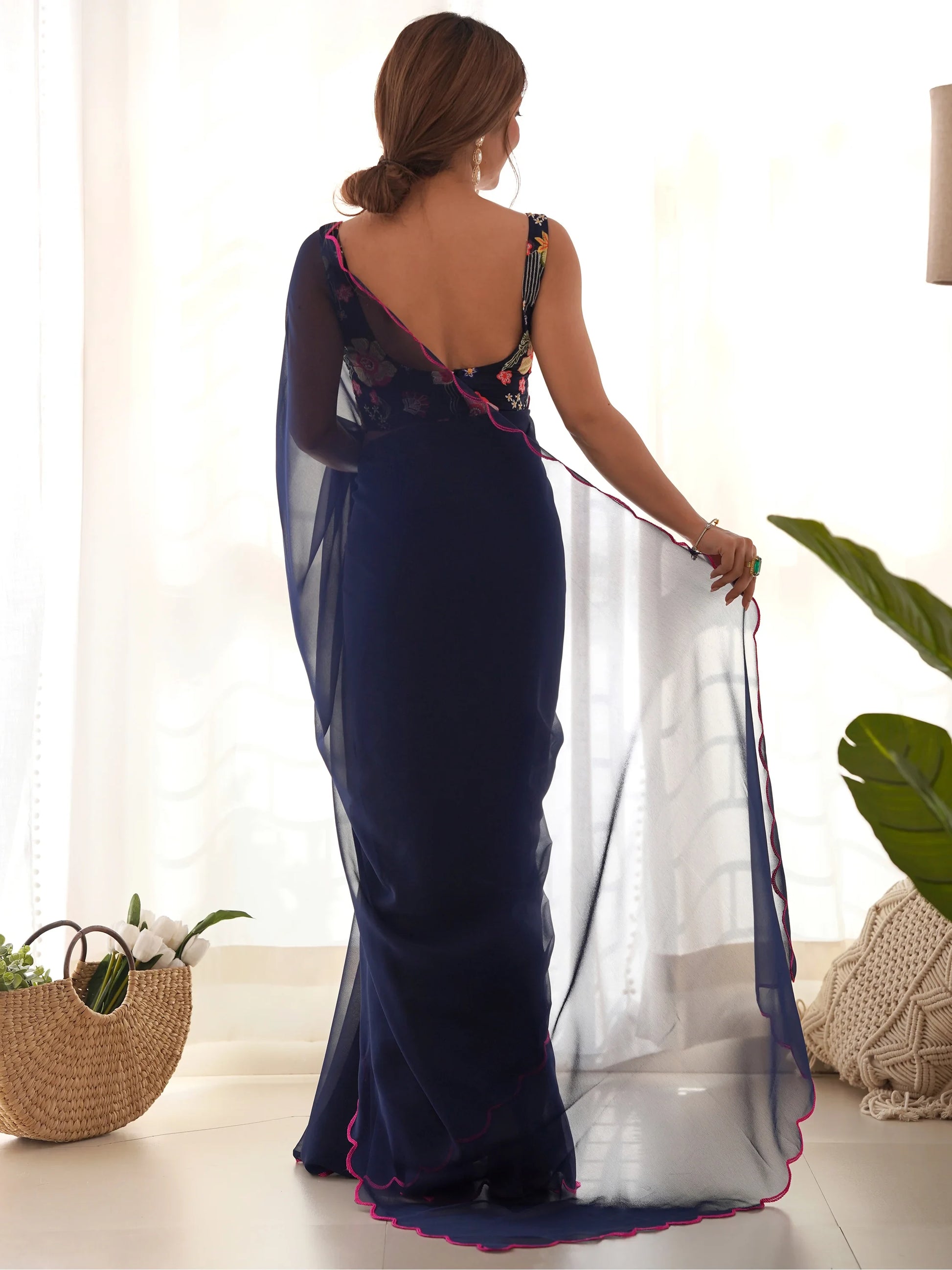 Gorgeous Navy Blue Lace Work Georgette Party Wear Saree With Blouse - Zeel Clothing