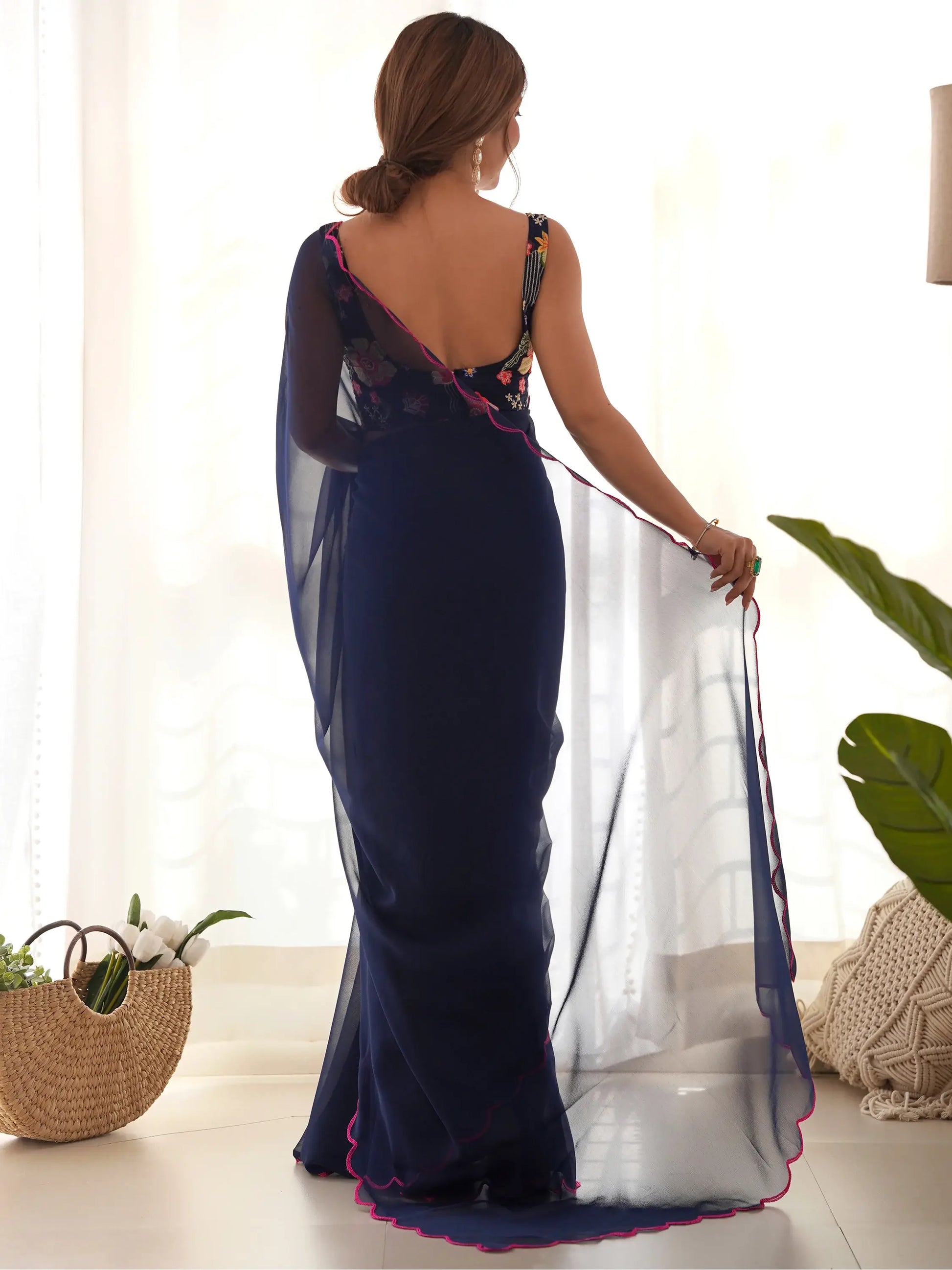 Gorgeous Navy Blue Lace Work Georgette Party Wear Saree With Blouse - Zeel Clothing