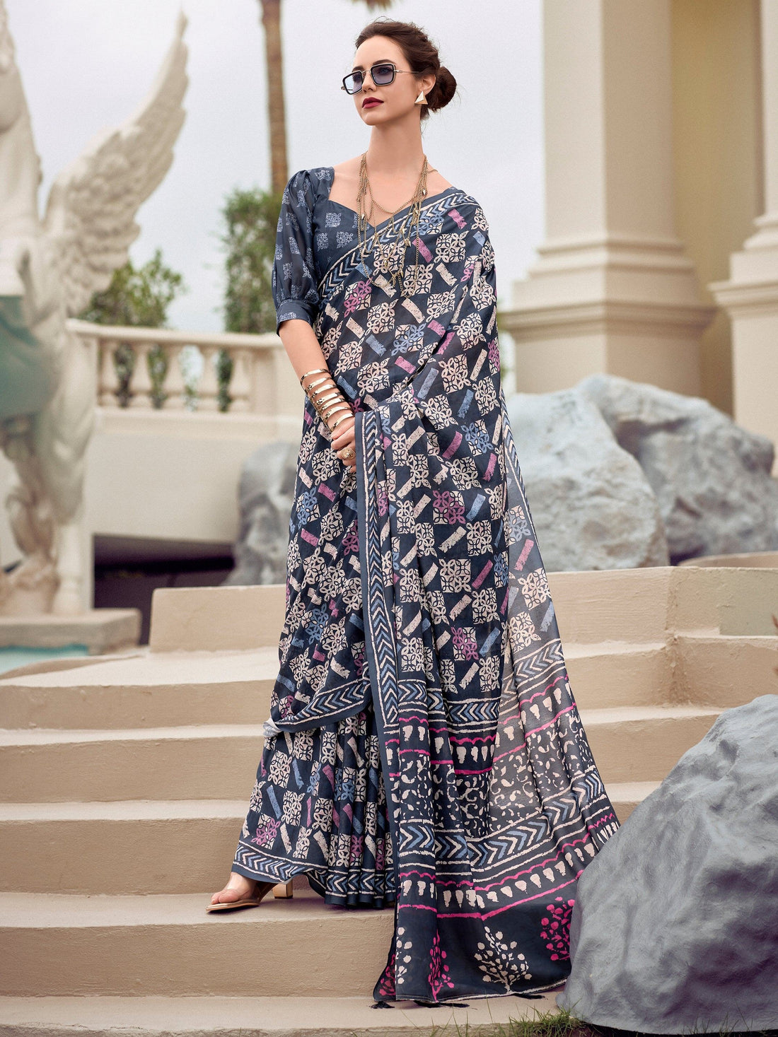 Gorgeous Navy Blue Printed Silk Office Wear Saree With Blouse - Zeel Clothing