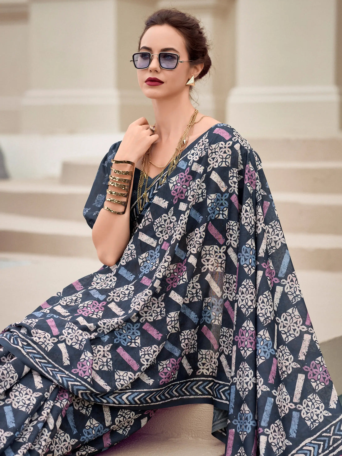 Gorgeous Navy Blue Printed Silk Office Wear Saree With Blouse - Zeel Clothing