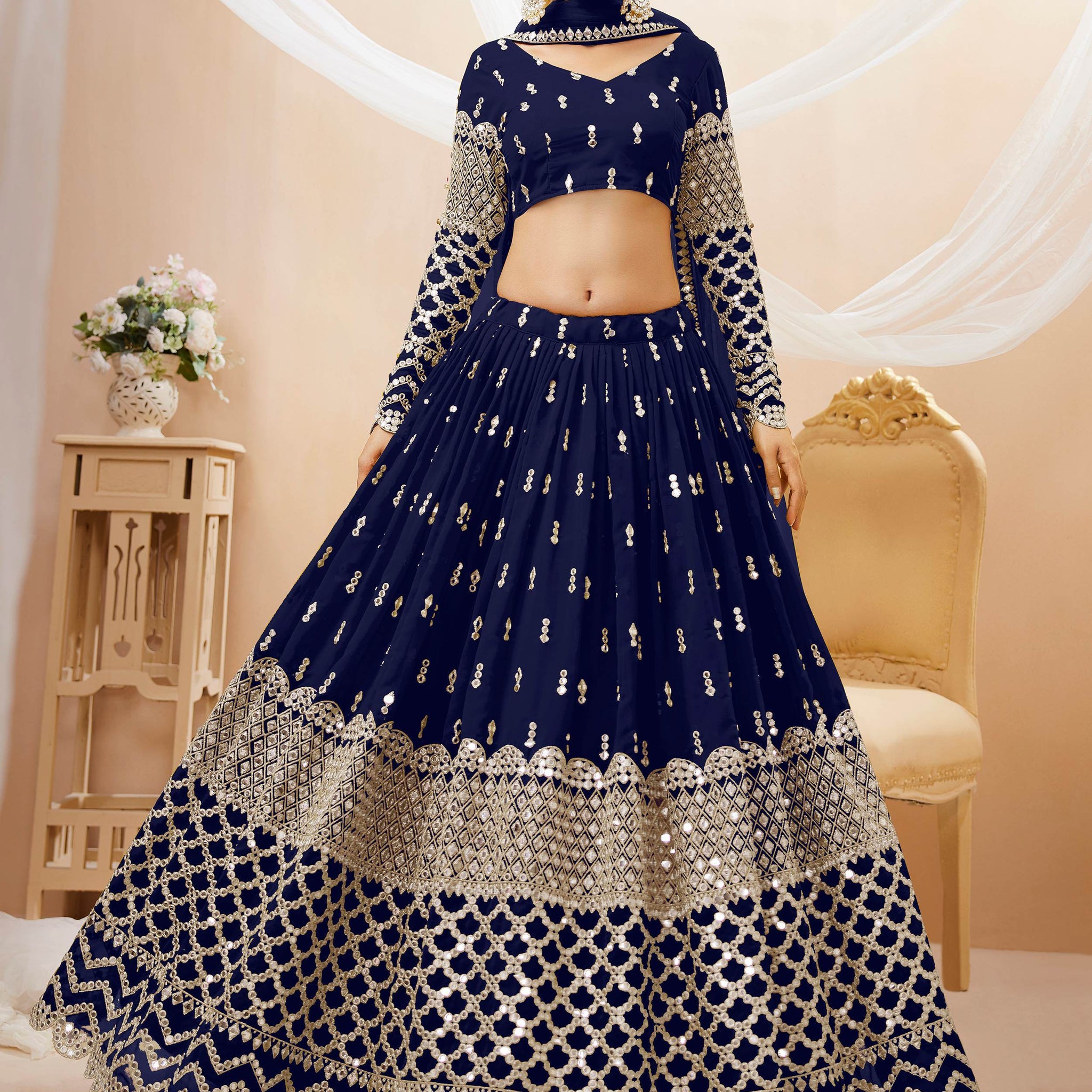 Gorgeous Navy Blue Sequins Georgette Wedding Wear Lehenga Choli - Zeel Clothing