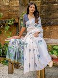 Gorgeous Off-White Floral Weaving Printed Cotton Saree With Blouse - Zeel Clothing