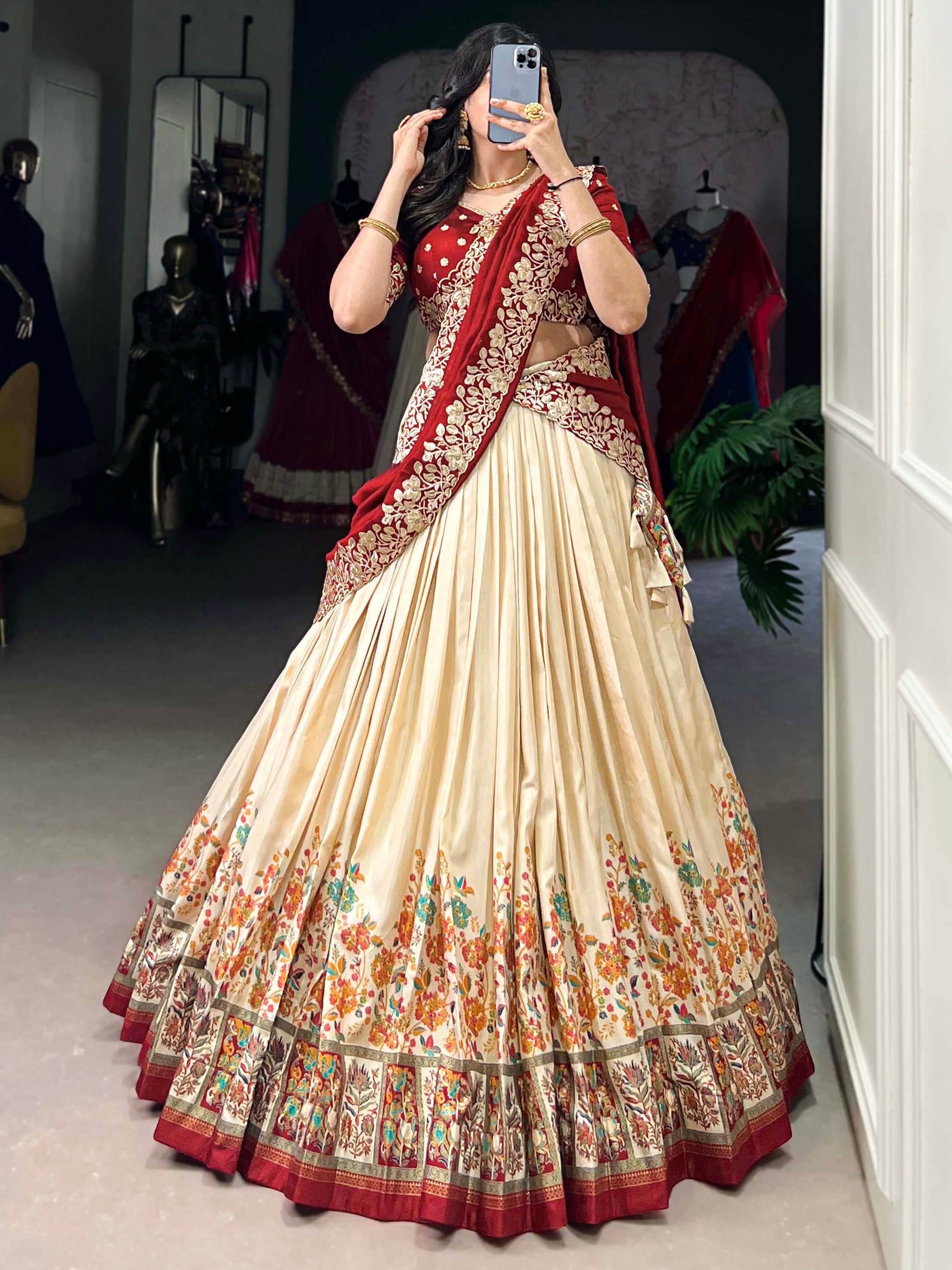Gorgeous Off-White Printed Tussar Silk Lehenga Choli With Dupatta - Zeel Clothing