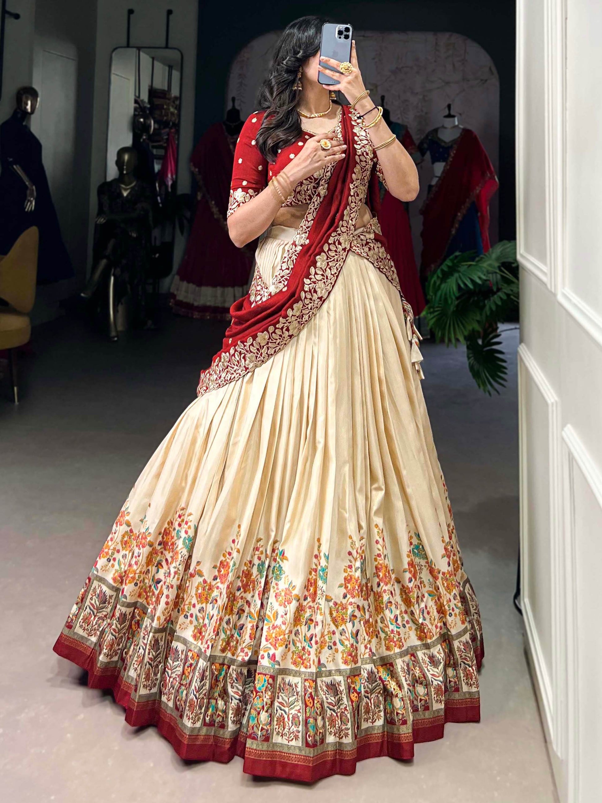 Gorgeous Off-White Printed Tussar Silk Lehenga Choli With Dupatta - Zeel Clothing