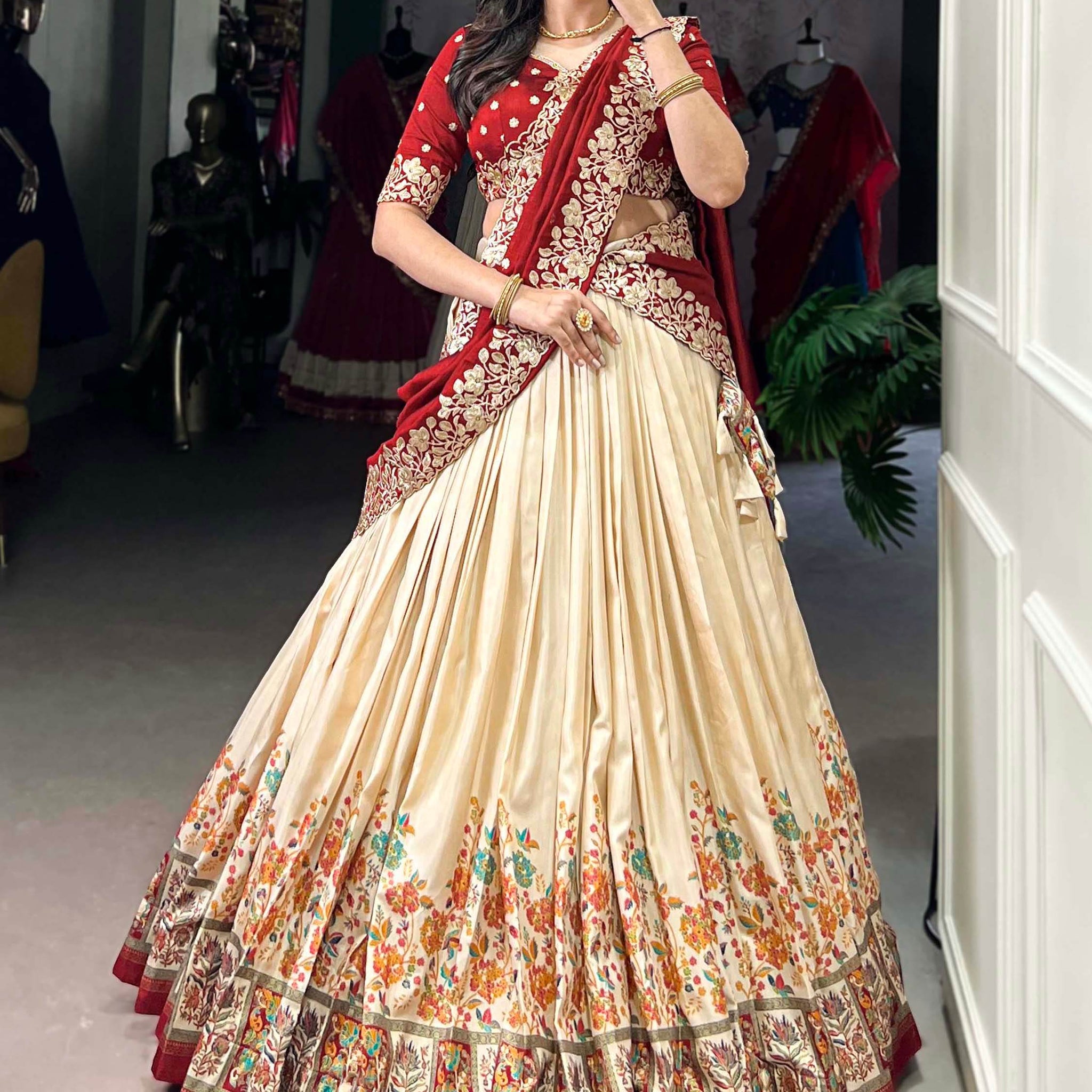 Gorgeous Off-White Printed Tussar Silk Lehenga Choli With Dupatta - Zeel Clothing