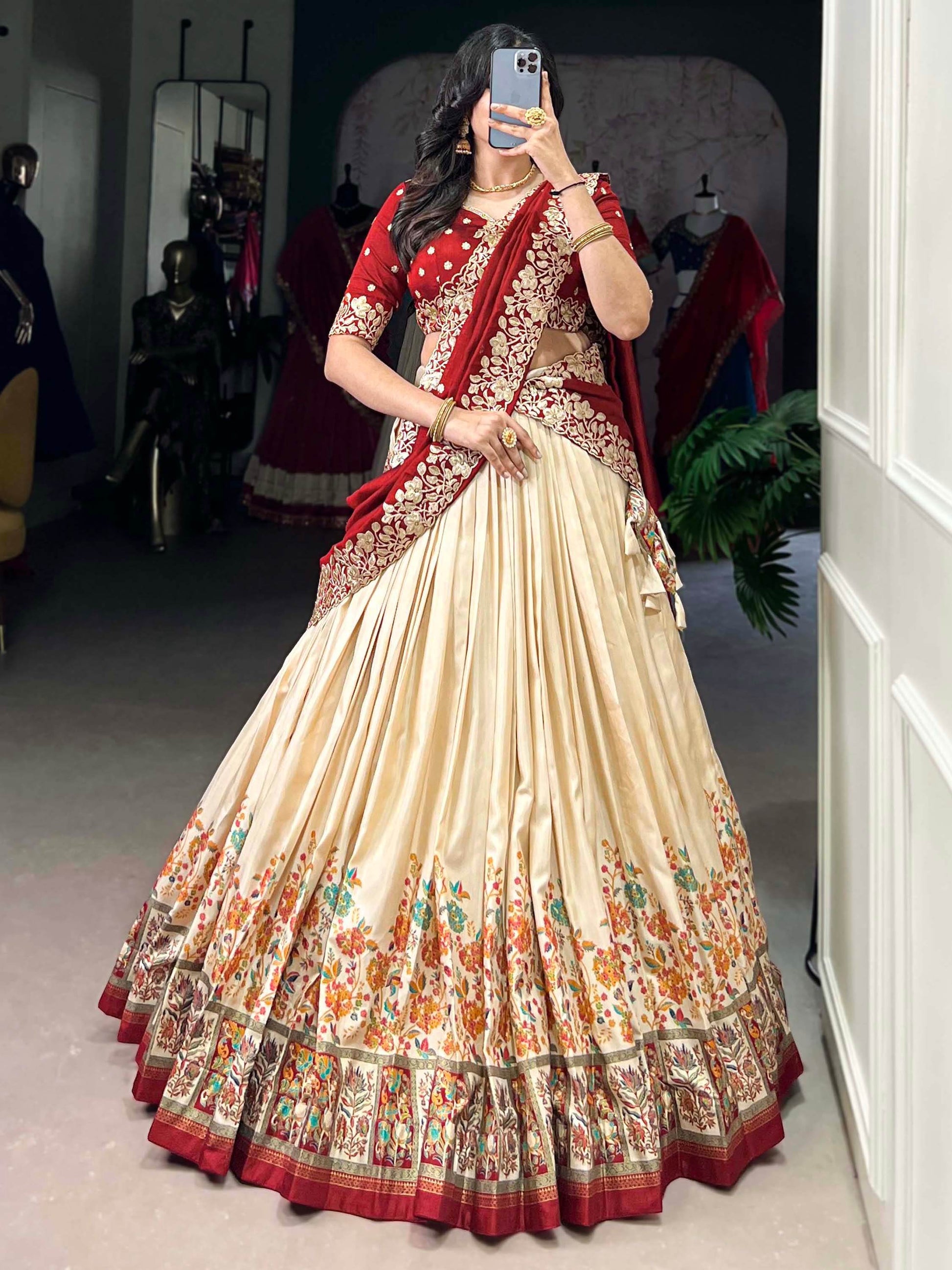 Gorgeous Off-White Printed Tussar Silk Lehenga Choli With Dupatta - Zeel Clothing