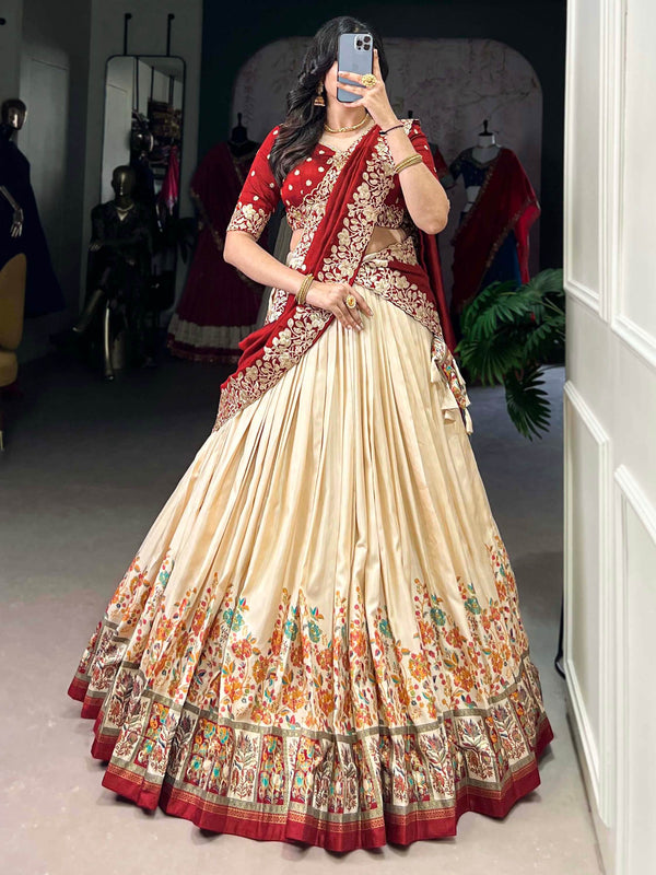 Gorgeous Off-White Printed Tussar Silk Lehenga Choli With Dupatta - Zeel Clothing