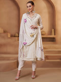 Gorgeous Off-White Thread Work Cotton Function Wear Pant Suit With Dupatta - Zeel Clothing