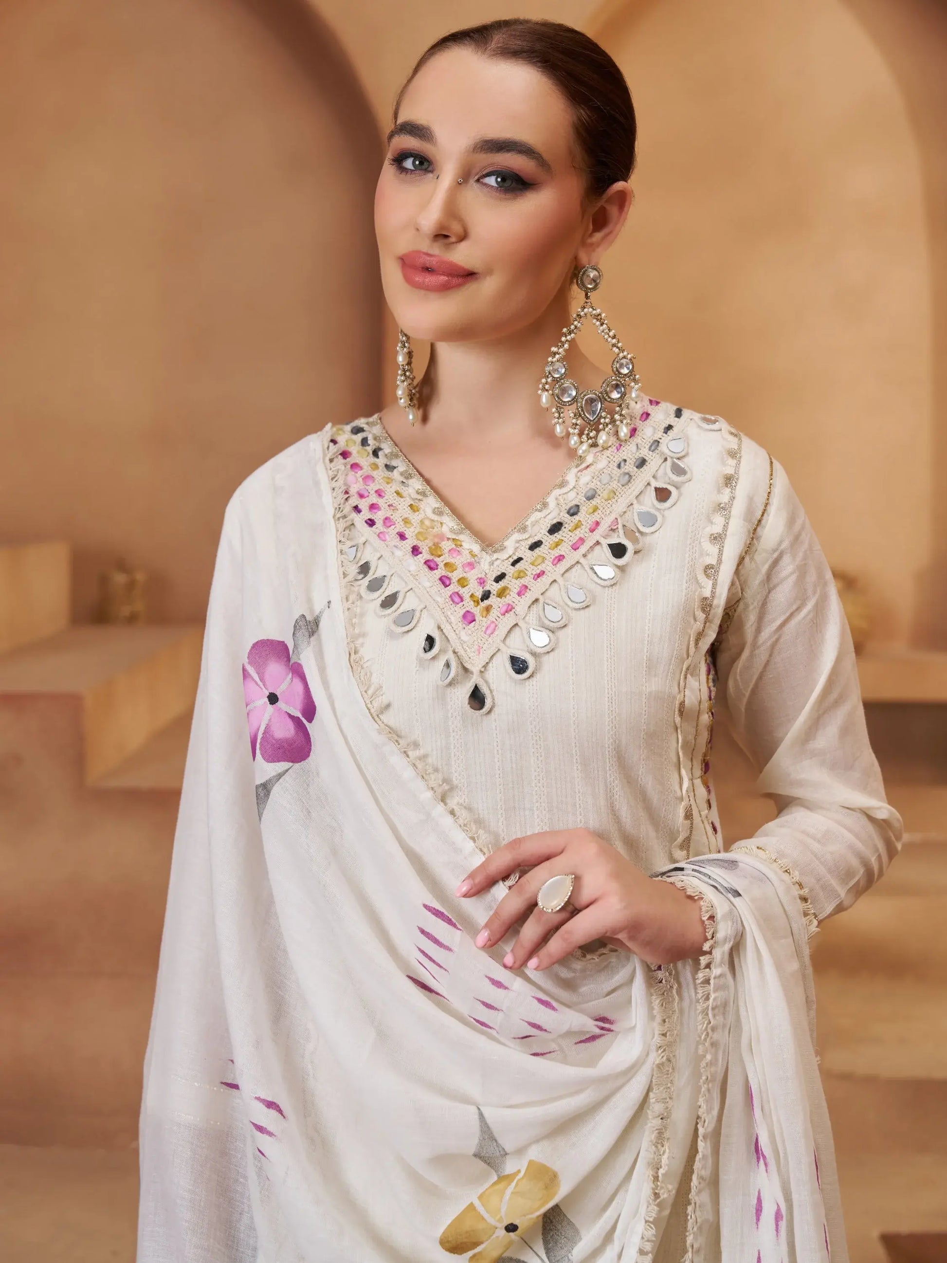 Gorgeous Off-White Thread Work Cotton Function Wear Pant Suit With Dupatta - Zeel Clothing