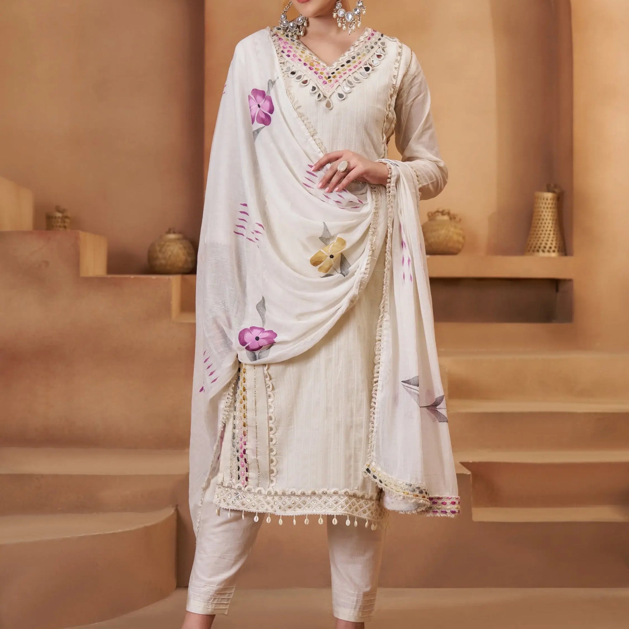 Gorgeous Off-White Thread Work Cotton Function Wear Pant Suit With Dupatta - Zeel Clothing