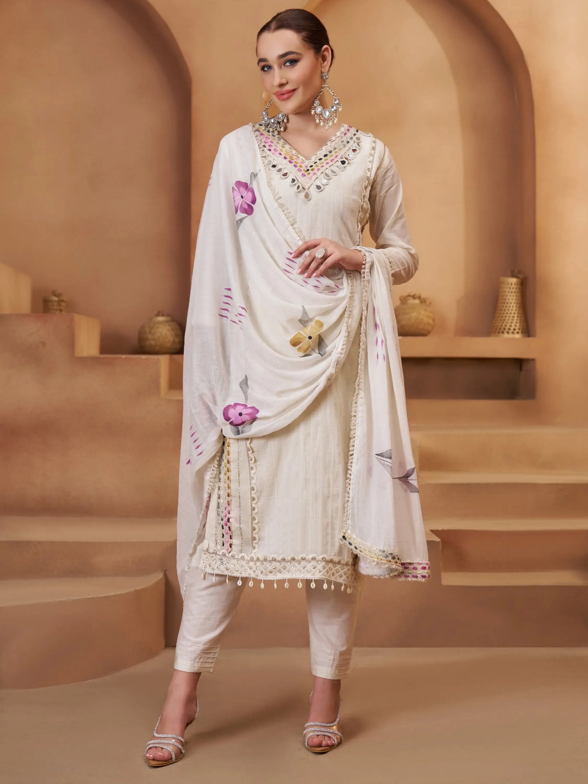 Gorgeous Off-White Thread Work Cotton Function Wear Pant Suit With Dupatta - Zeel Clothing
