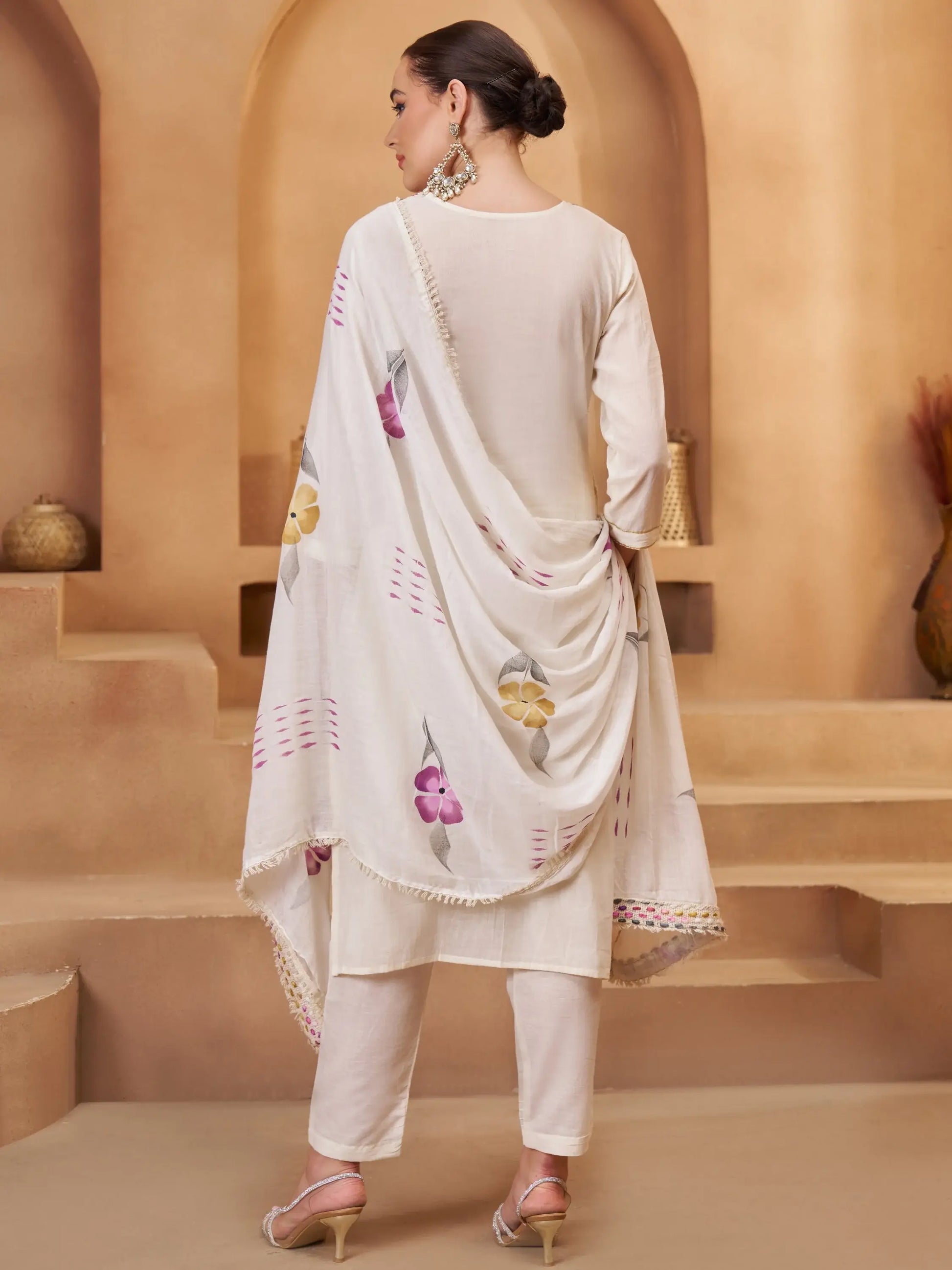Gorgeous Off-White Thread Work Cotton Function Wear Pant Suit With Dupatta - Zeel Clothing