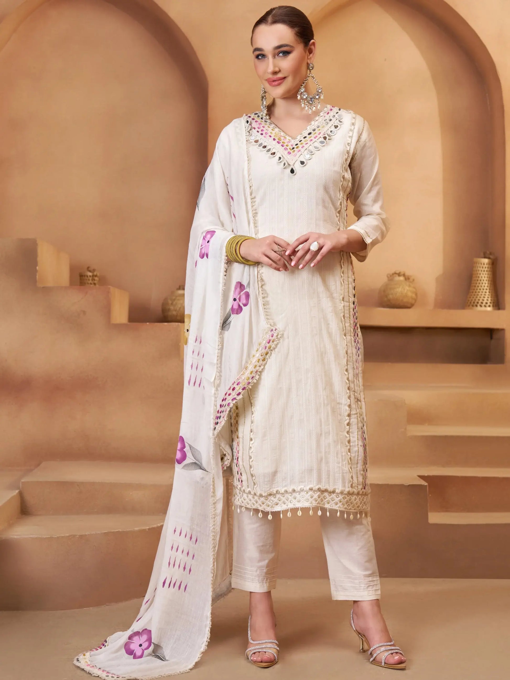 Gorgeous Off-White Thread Work Cotton Function Wear Pant Suit With Dupatta - Zeel Clothing
