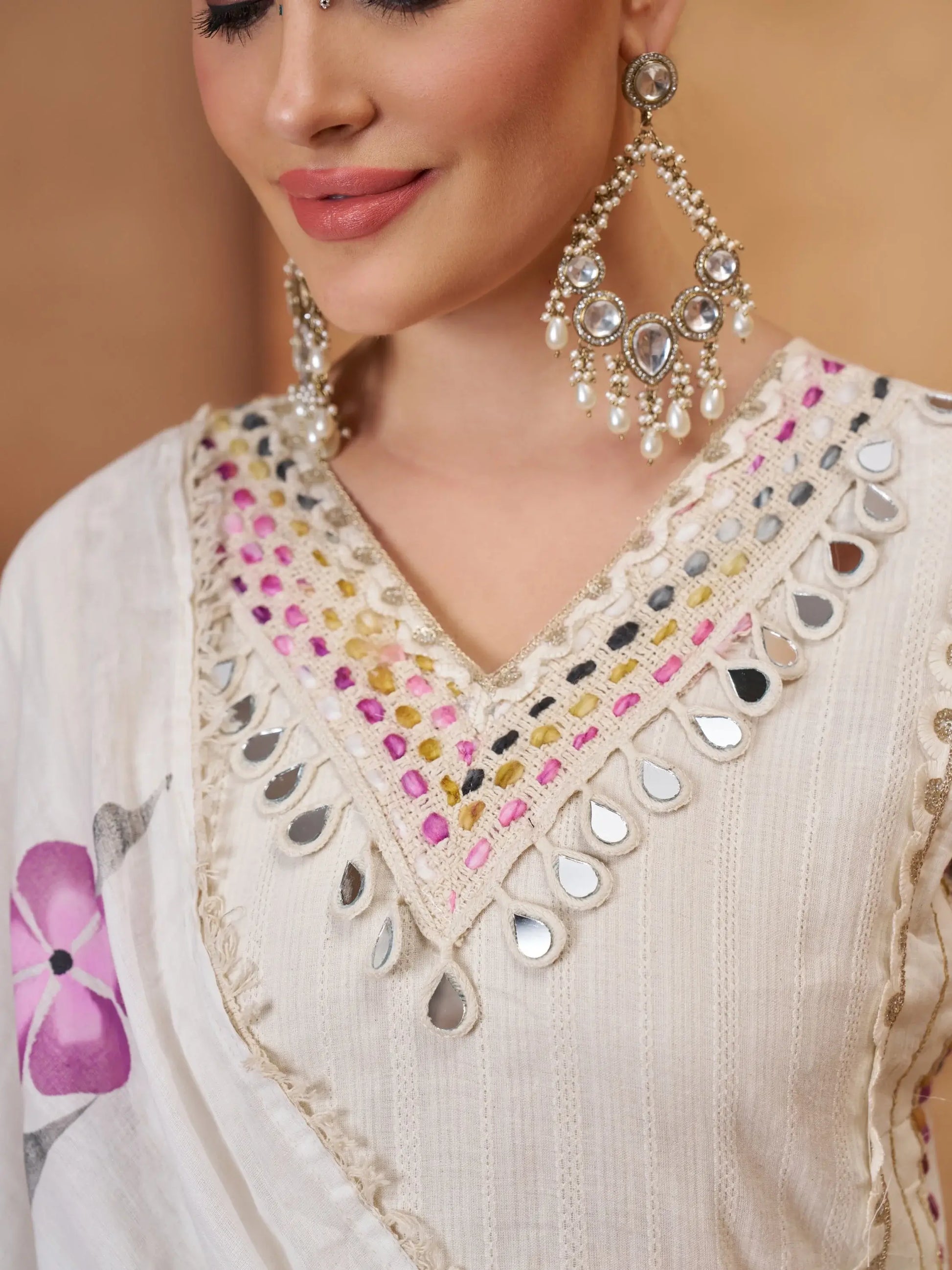 Gorgeous Off-White Thread Work Cotton Function Wear Pant Suit With Dupatta - Zeel Clothing